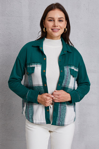 Plaid Snap Down Pocketed Dropped Shoulder Jacket