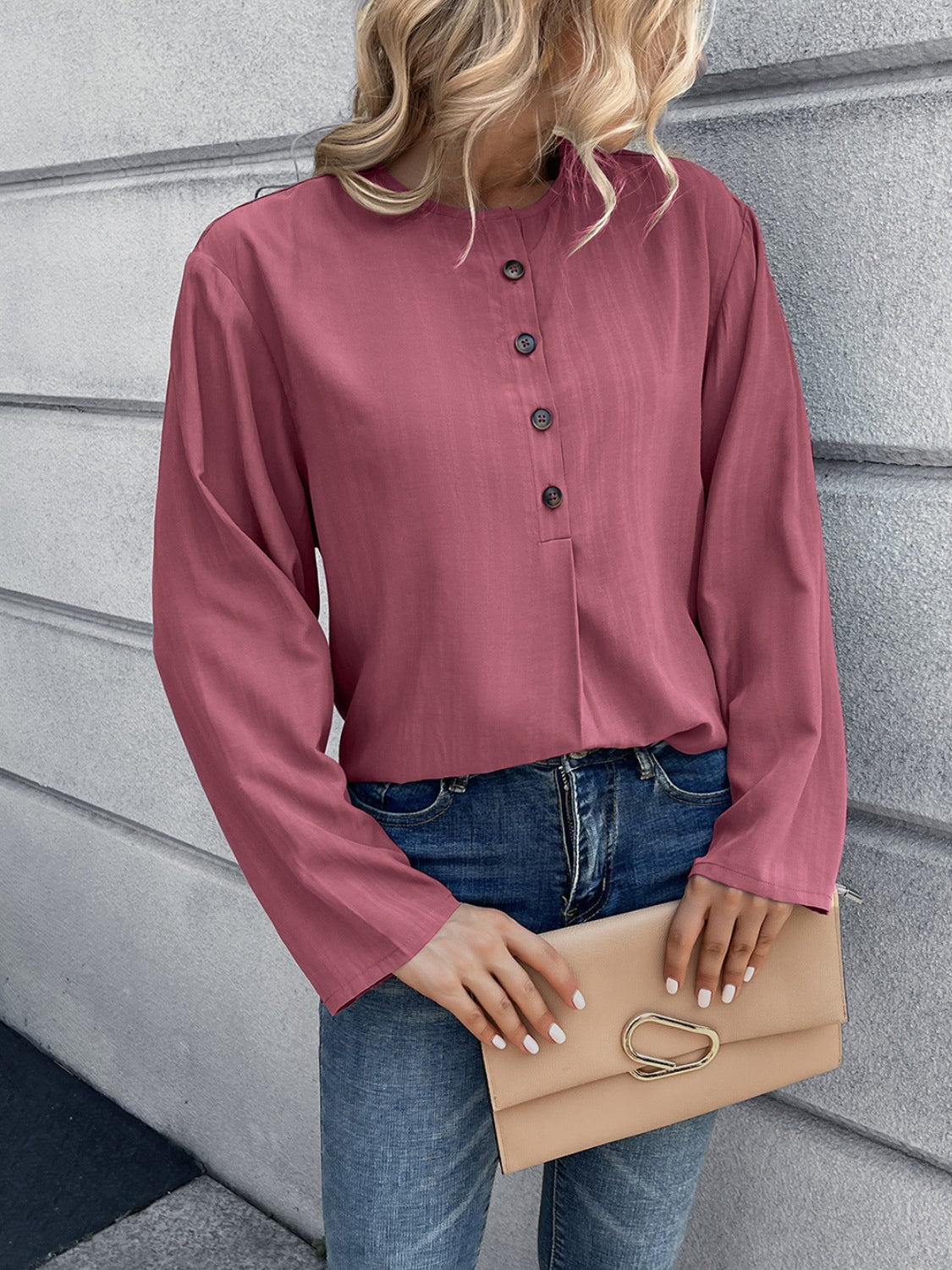 Half Button Long Sleeve Blouse