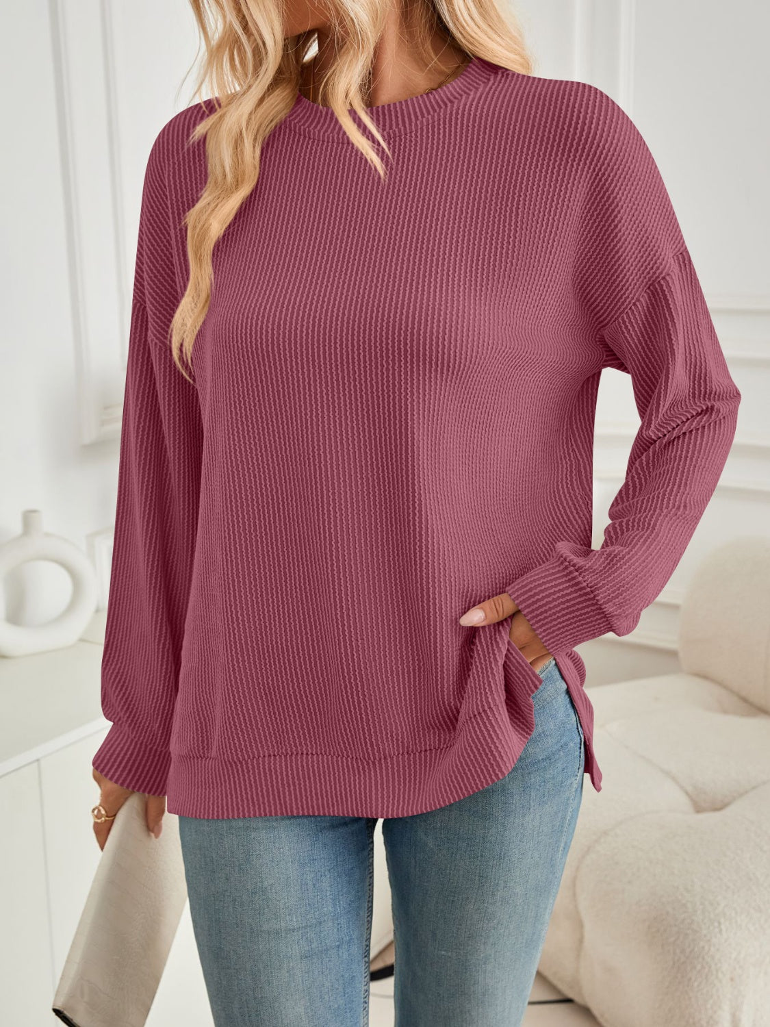 Slit Round Neck Long Sleeve Sweatshirt