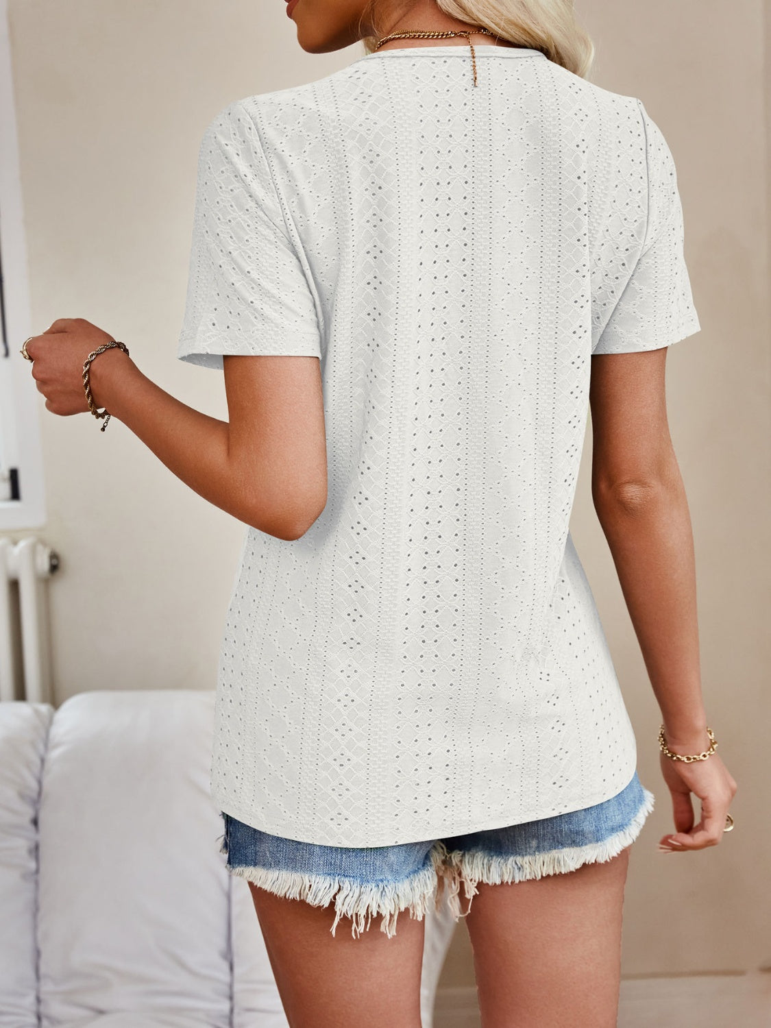 Eyelet V-Neck Short Sleeve Top