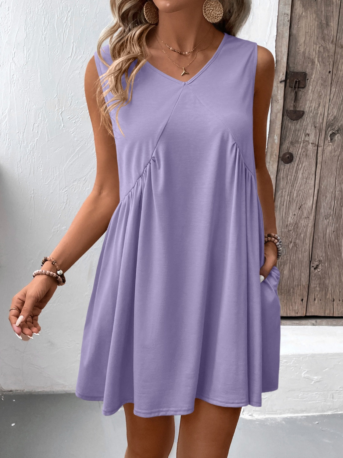 Ruched V-Neck Sleeveless Mini Dress