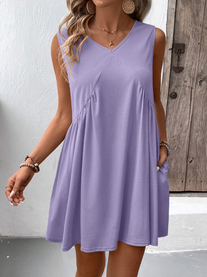 Ruched V-Neck Sleeveless Mini Dress