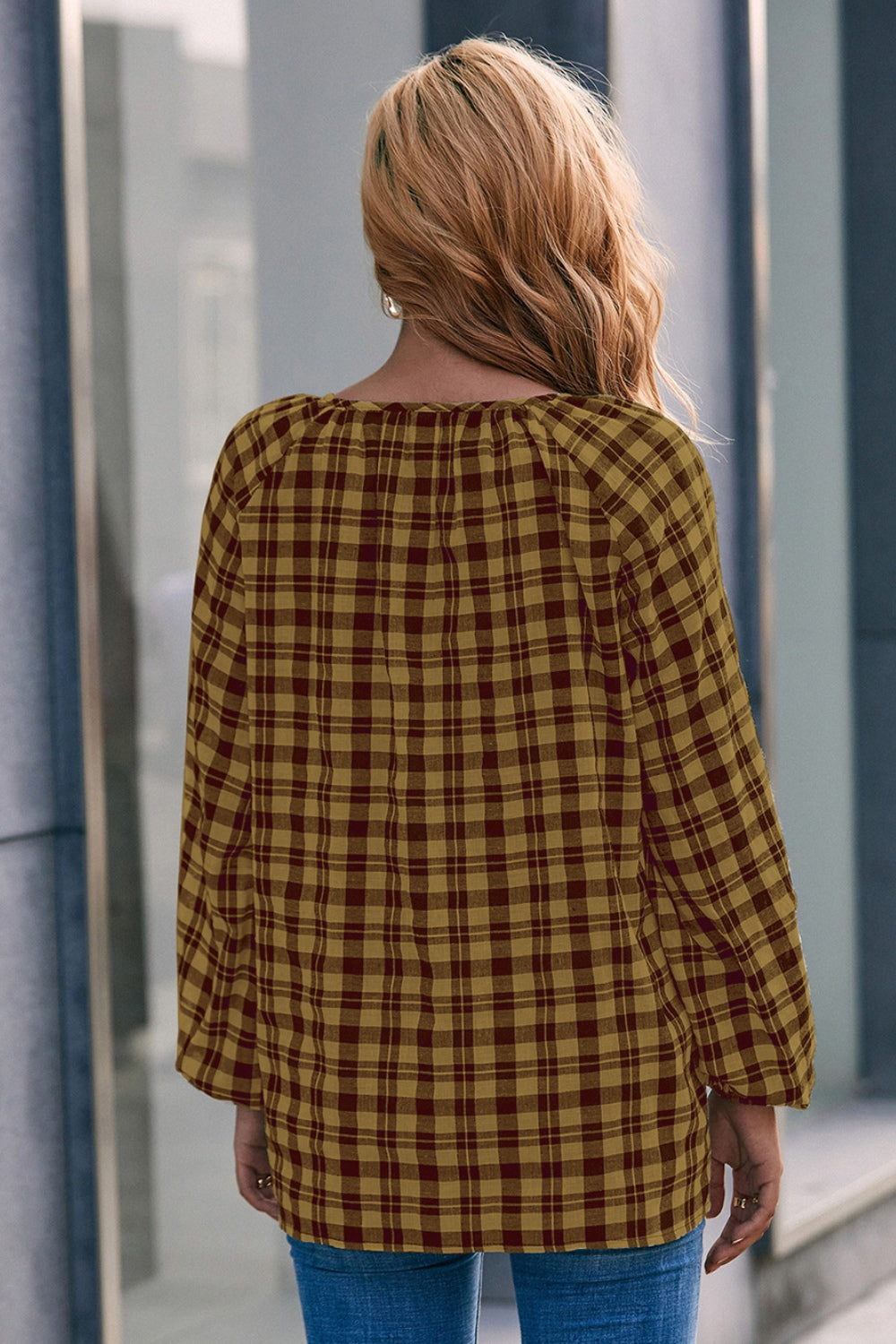 Plaid Tie Neck Balloon Sleeve Blouse