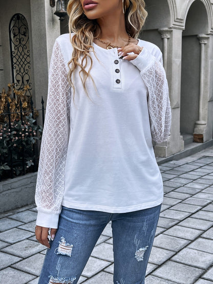 Quarter Button Round Neck Long Sleeve Blouse