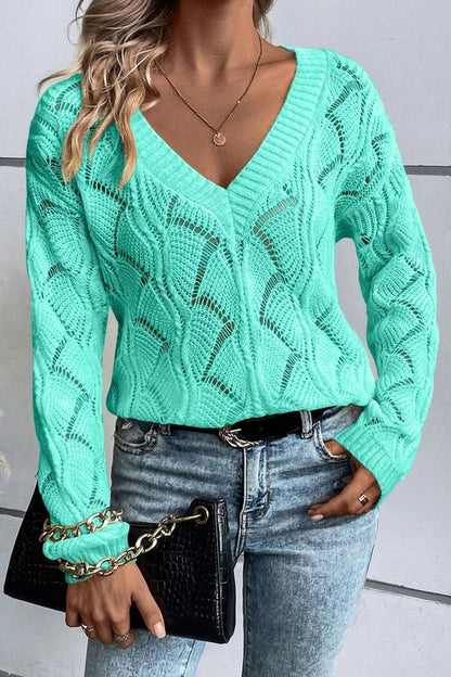 Hollow Out Knit V Neck Drop Shoulder Sweater