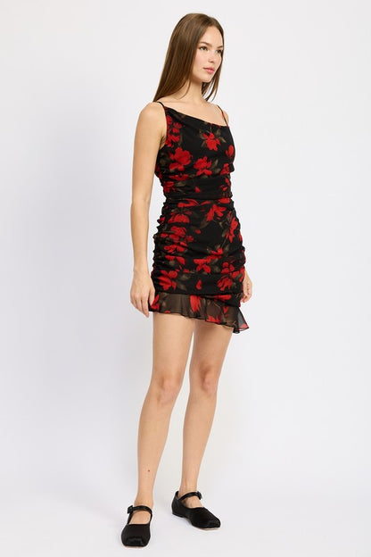 RUCHED ASYMMETRICAL NECK DRESS WITH RUFFLE DETAIL