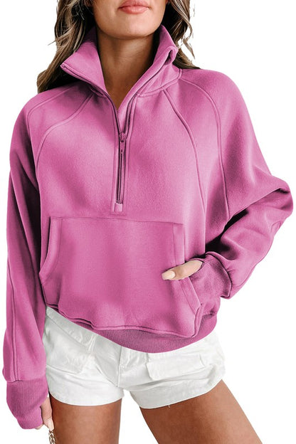 Stand Collar Ribbed Thumbhole Sleeve Sweatshirt