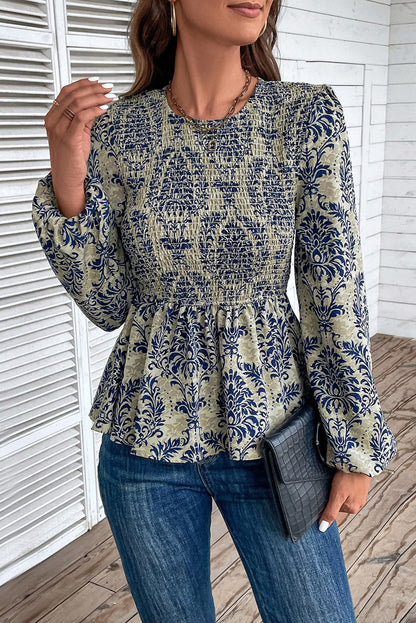 Peplum Printed Round Neck Long Sleeve Blouse