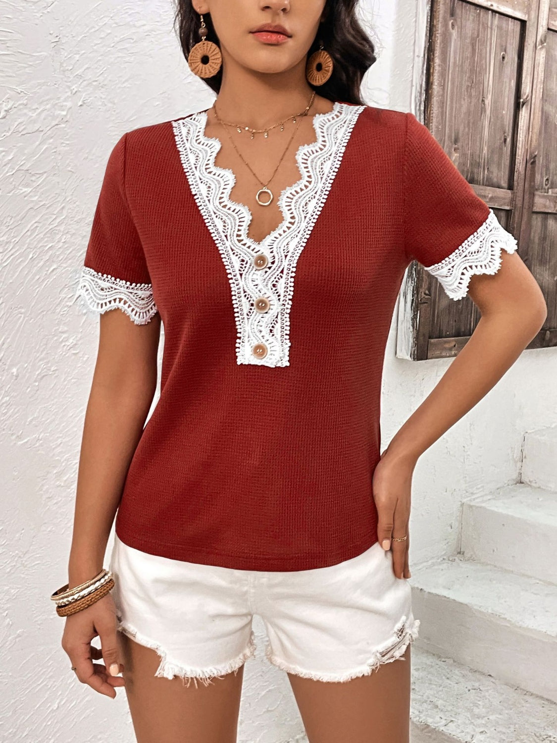 Lace Detail V-Neck Short Sleeve T-Shirt