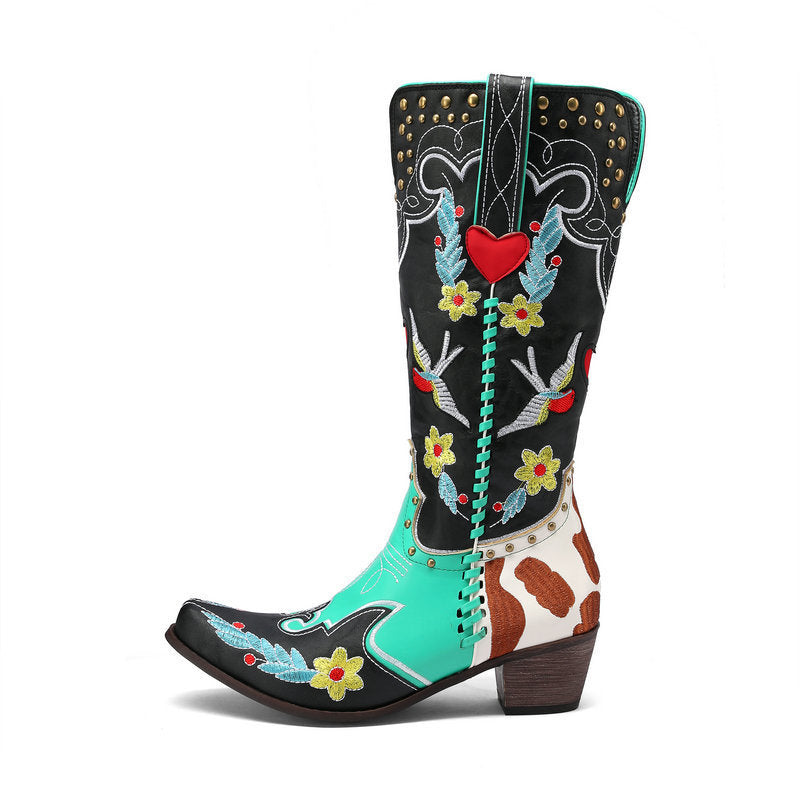 Denim Western Shoes Women's Leather Boots Exquisite Embroidery