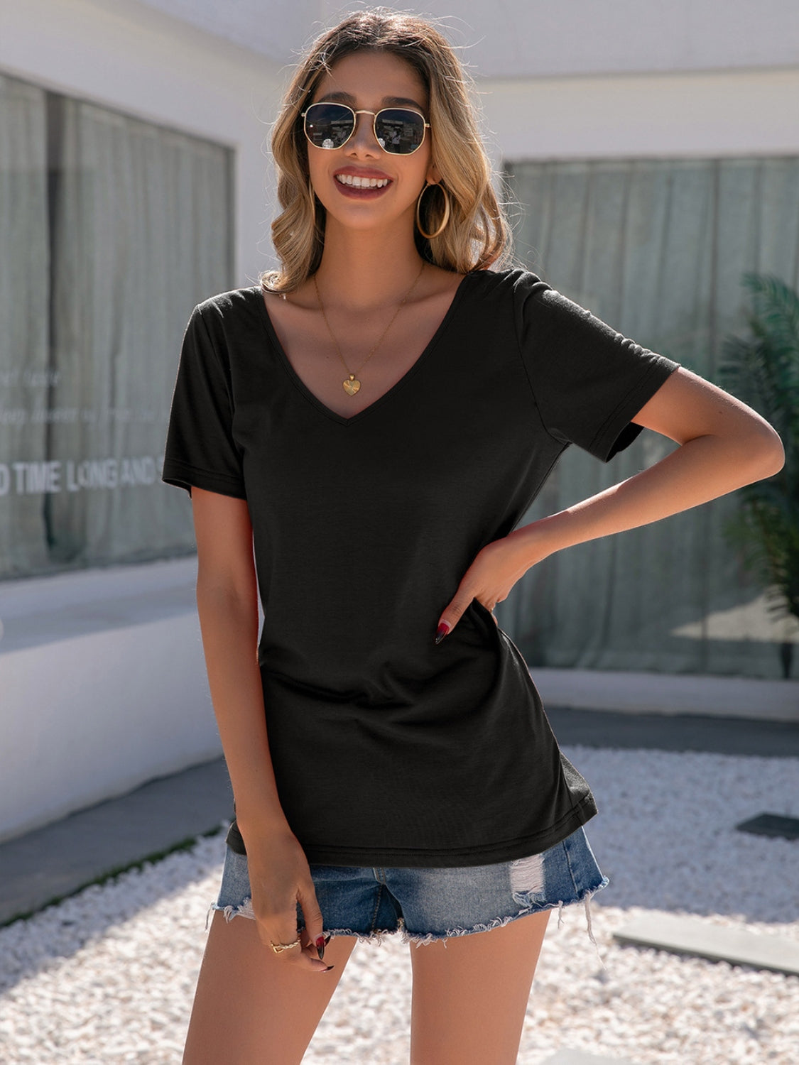 Lace Detail V-Neck Short Sleeve T-Shirt