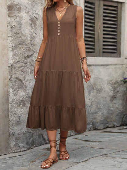 Decorative Button Notched Sleeveless Dress