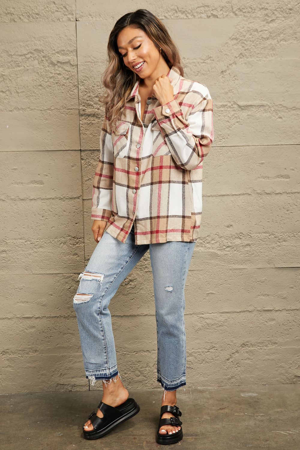 Double Take Plaid Button-Up Dropped Shoulder Shirt Jacket