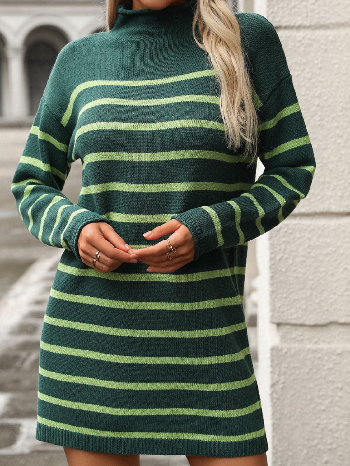 Striped Mock Neck Long Sleeve Mini Dress