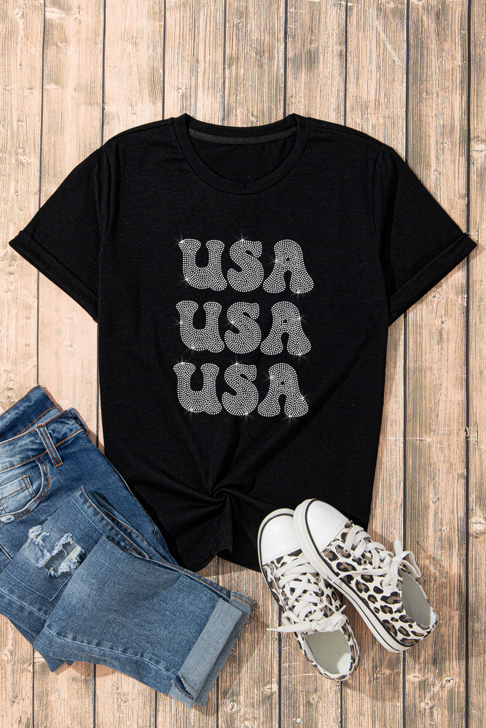 USA Rhinestone Round Neck Short Sleeve T-Shirt