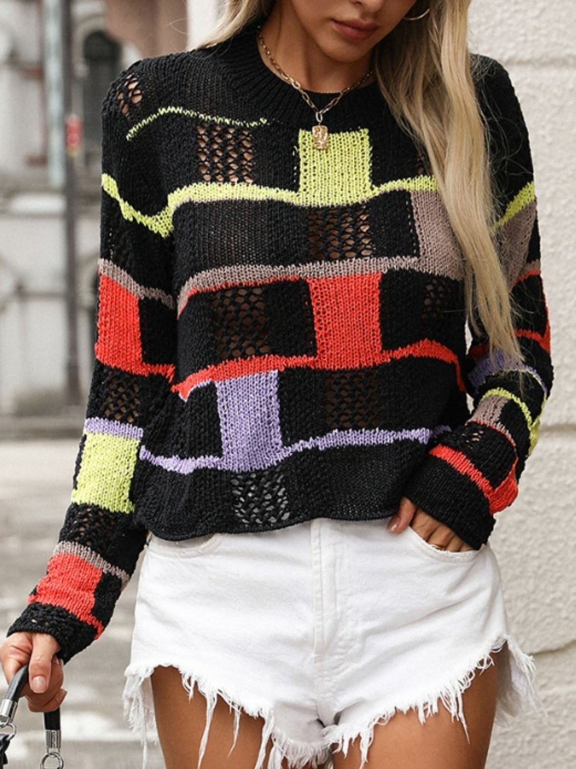 Openwork Color Block Round Neck Sweater