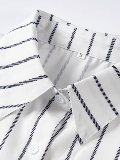 Striped Collared Neck Lantern Sleeve Shirt