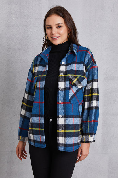 Plaid Button Up Dropped Shoulder Jacket