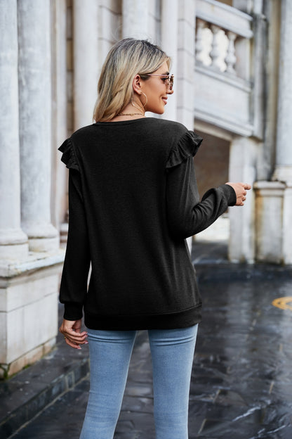 Ruffled Heathered V-Neck Long Sleeve T-Shirt