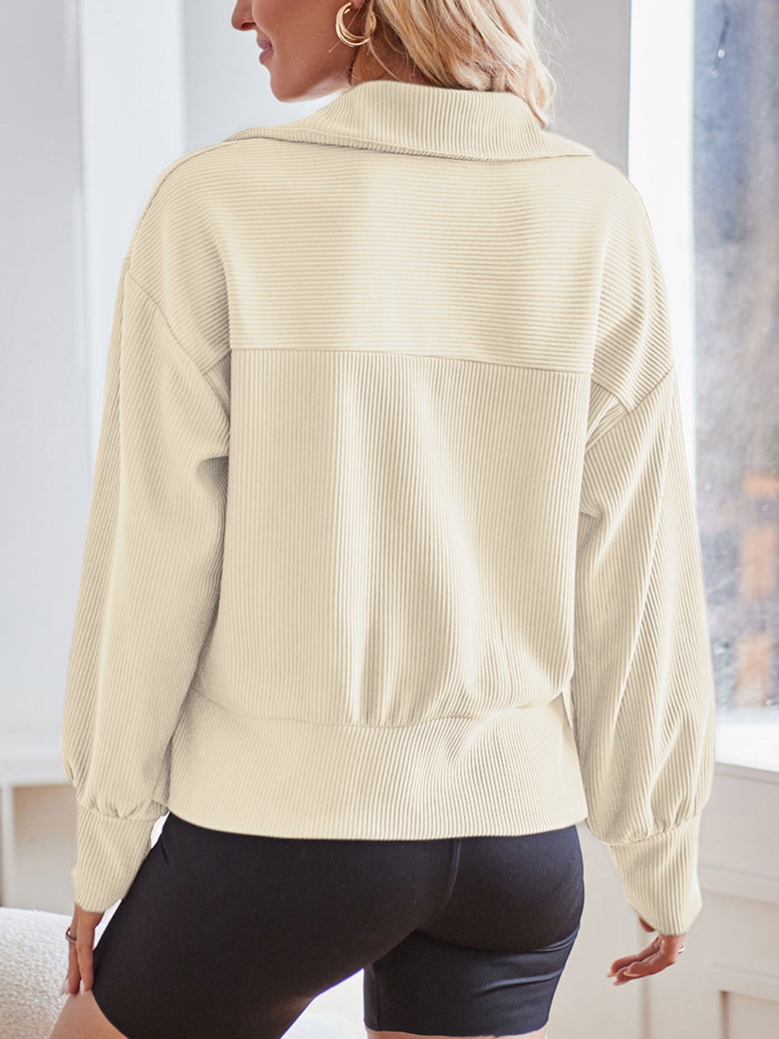 Ribbed Half Zip Collared Neck Sweatshirt