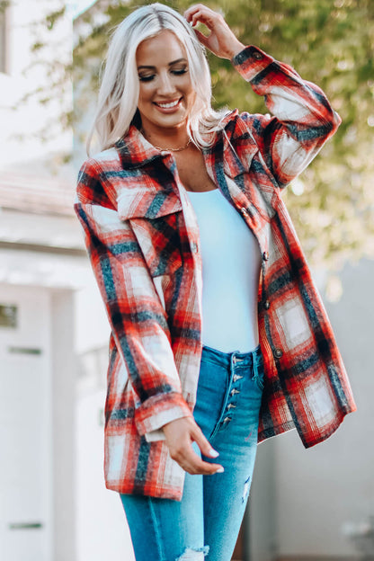 Double Take Plaid Button Up Shirt Jacket with Pockets