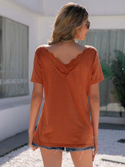 Lace Detail V-Neck Short Sleeve T-Shirt