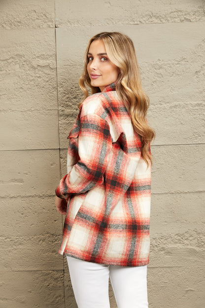 Double Take Plaid Button Up Shirt Jacket with Pockets