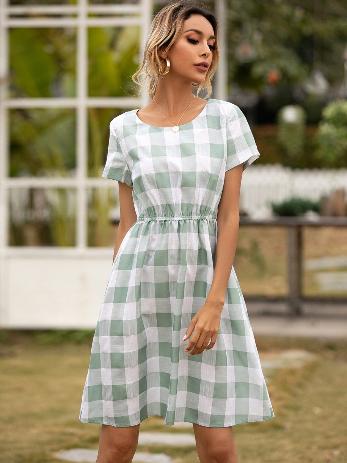 Smocked Plaid Round Neck Short Sleeve Dress