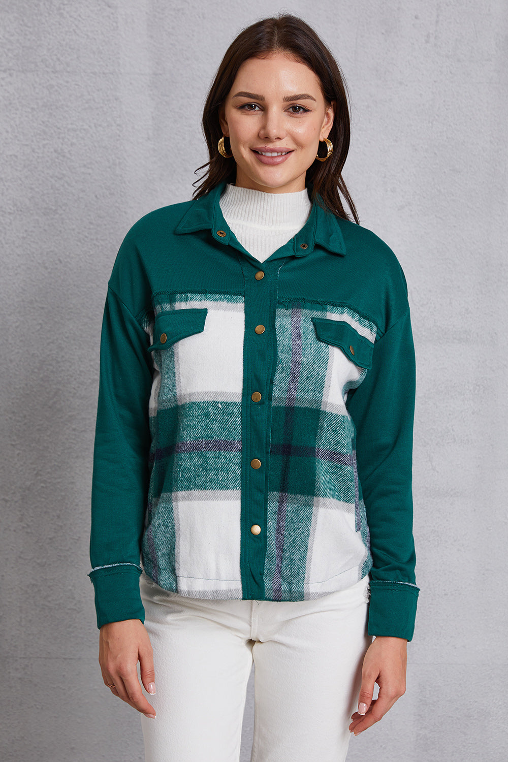 Plaid Snap Down Pocketed Dropped Shoulder Jacket