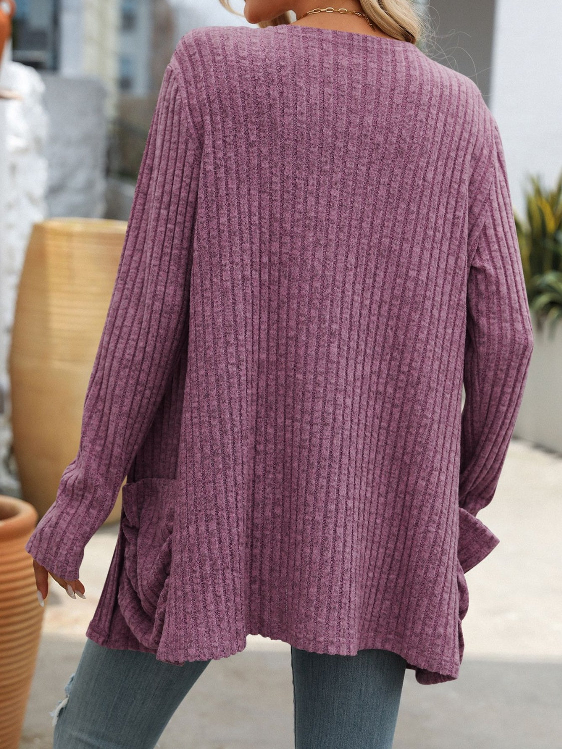 Open Front Long Sleeve Ribbed Cardigan