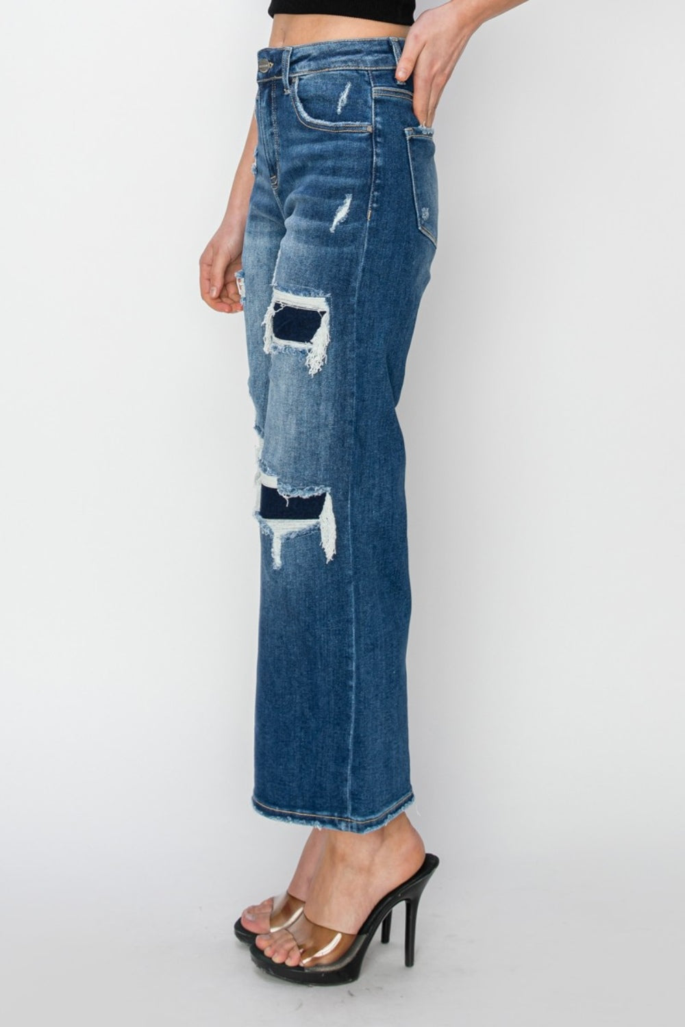 Risen Full Size High Rise Patch Detailed Wide Leg Crop Jeans