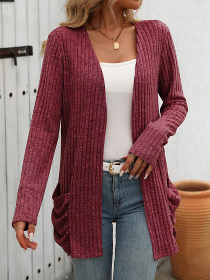 Open Front Long Sleeve Ribbed Cardigan