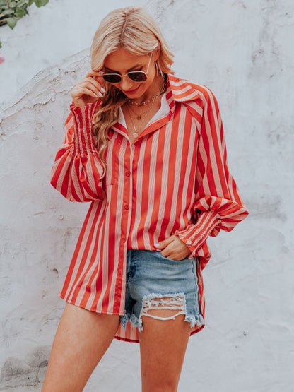 Striped Collared Neck Lantern Sleeve Shirt