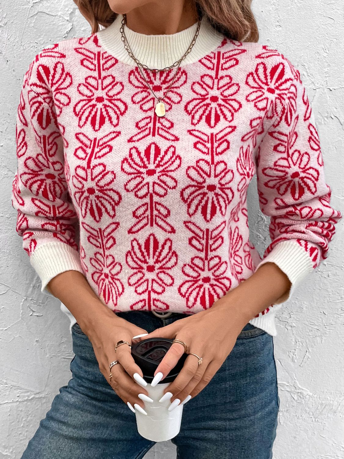 Flower Round Neck Long Sleeve Sweater