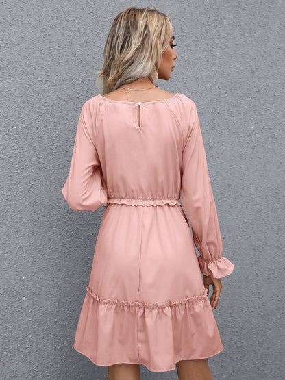 Frill V-Neck Flounce Sleeve Ruffle Hem Dress