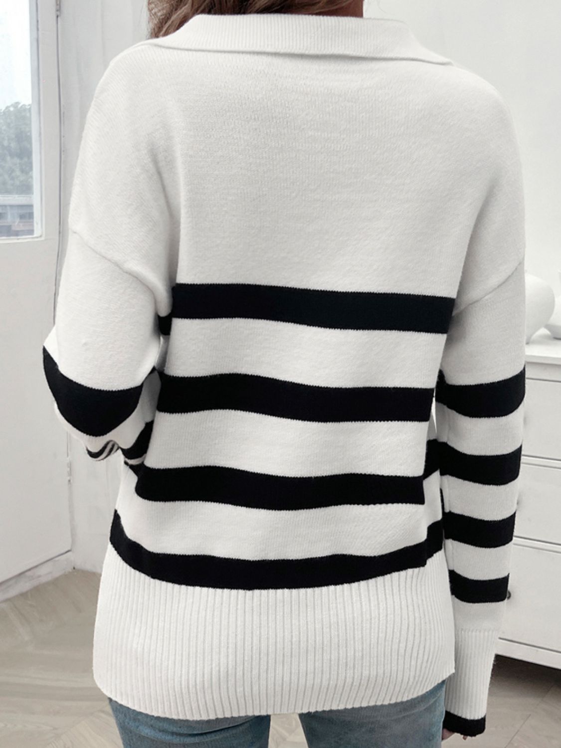 Striped Collared Neck Long Sleeve Sweater