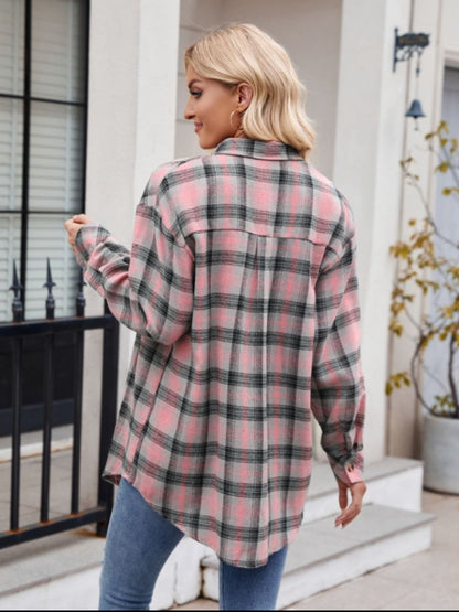 Pocketed Plaid Collared Neck Long Sleeve Shirt