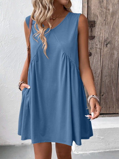 Ruched V-Neck Sleeveless Mini Dress