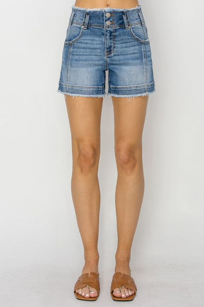 RISEN High Rise Seam Detailed Raw Edge Denim Shorts