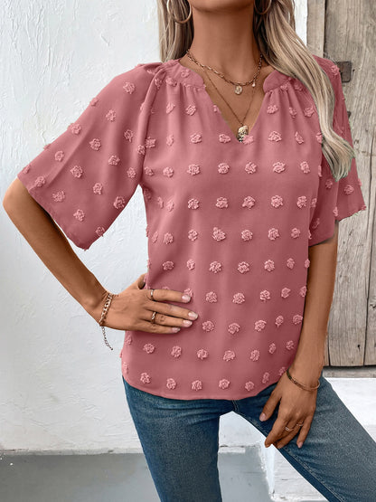 Swiss Dot Notched Half Sleeve Blouse