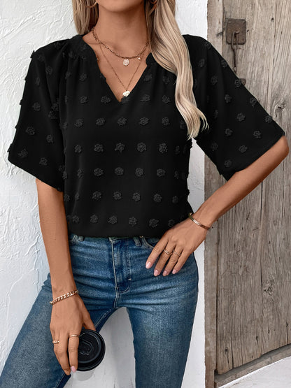 Swiss Dot Notched Half Sleeve Blouse