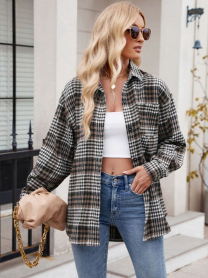 Pocketed Plaid Collared Neck Long Sleeve Shirt