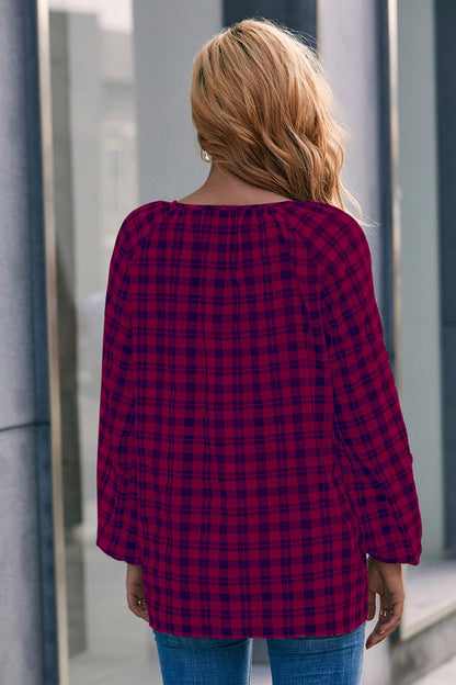 Plaid Tie Neck Balloon Sleeve Blouse