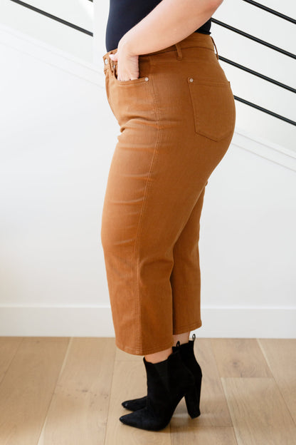 JUDY BLUE Control Top Wide Leg Crop Jeans in Camel