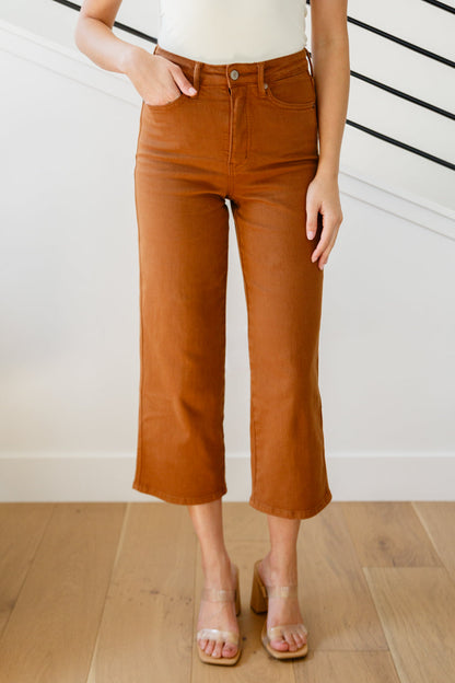 JUDY BLUE Control Top Wide Leg Crop Jeans in Camel