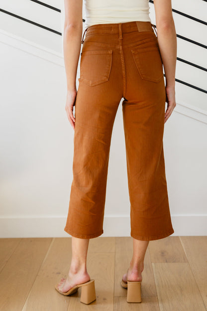 JUDY BLUE Control Top Wide Leg Crop Jeans in Camel