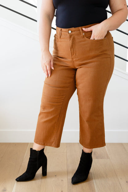 JUDY BLUE Control Top Wide Leg Crop Jeans in Camel