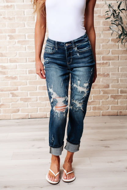 JUDY BLUE Mid Rise Cuffed Destroyed Boyfriend Jeans