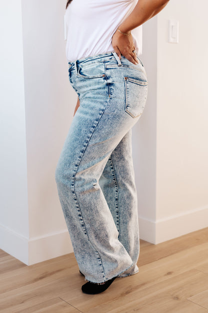 JUDY BLUE Mineral Wash Raw Hem Wide Leg Jeans