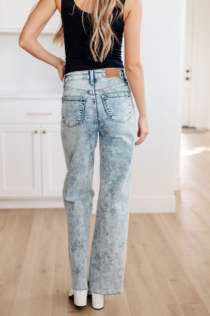 JUDY BLUE Mineral Wash Raw Hem Wide Leg Jeans